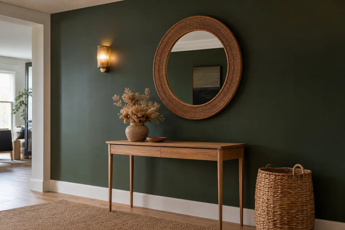 Mur d’entrée peint dans un vert profond avec console fine et objets déco