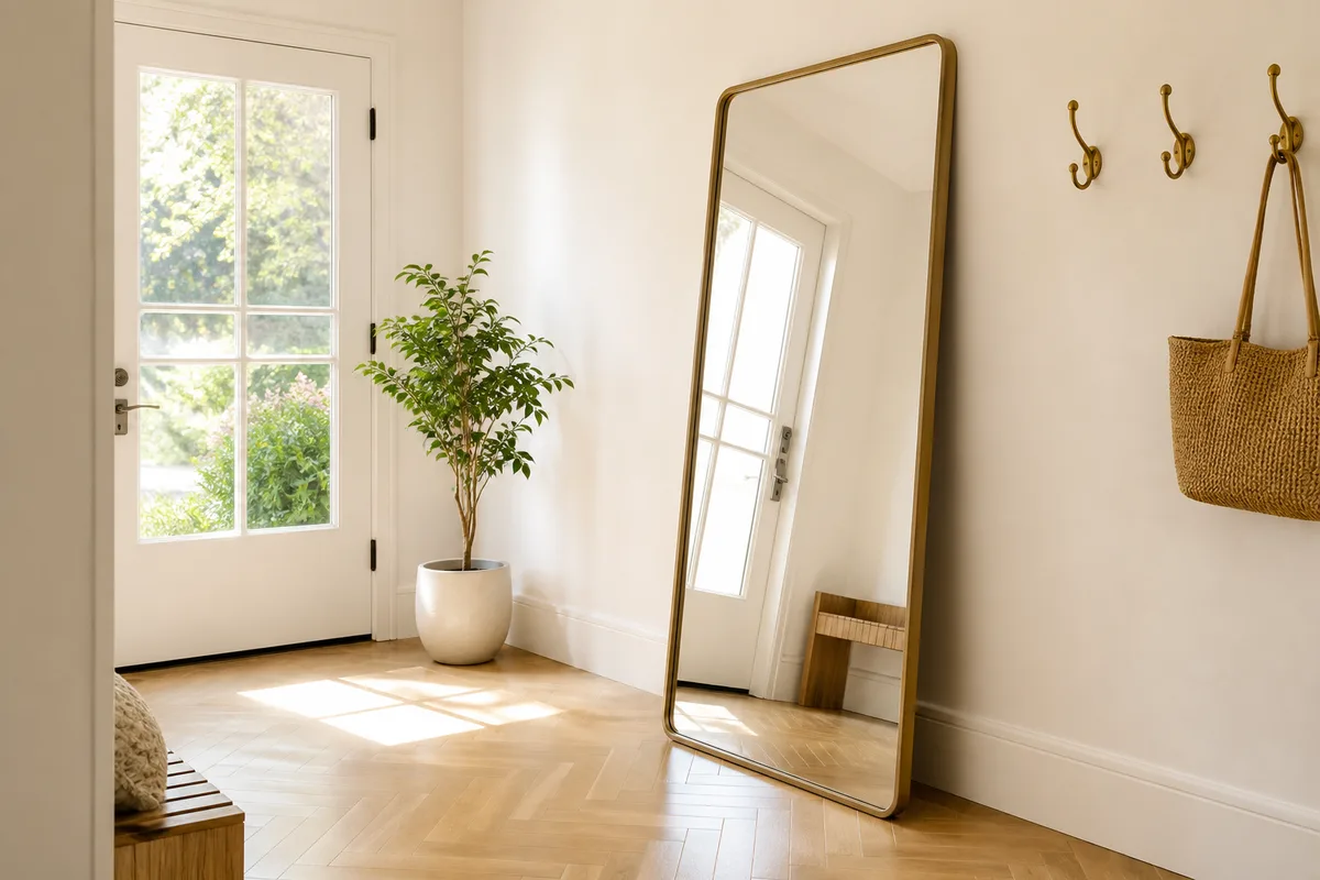 Grand miroir vertical reflétant la lumière dans une entrée claire
