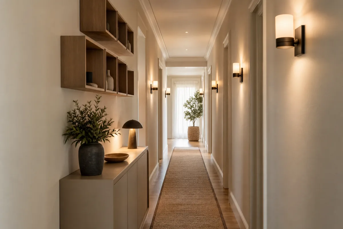 Couloir d’entrée étroit et lumineux avec meuble bas peu profond et tapis