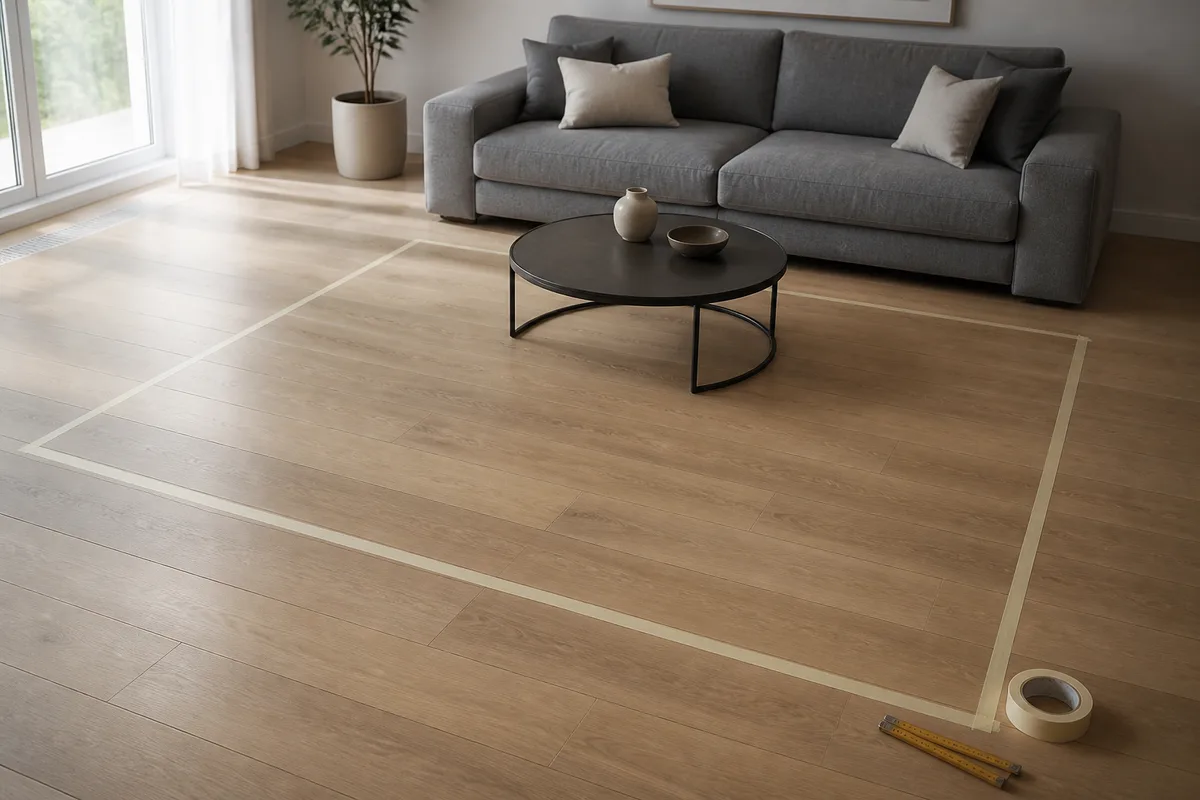 Ruban de masquage traçant au sol le contour d&rsquo;un futur tapis dans un séjour