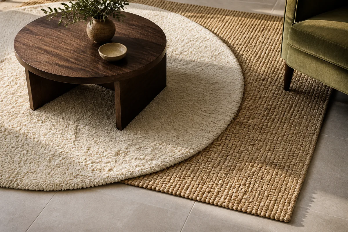 Tapis rond en laine posé sur un grand tapis en fibre naturelle dans un séjour